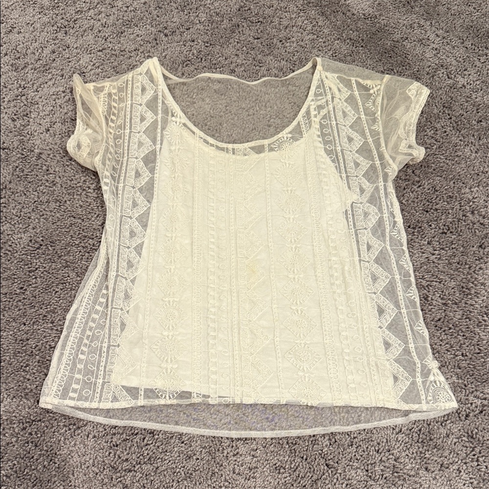 American Eagle Women’s Cream Lace Overlay Short Sleeve Top